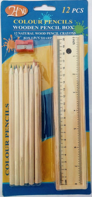 

Ashmaadi 12 Natural Wood Pencil Crayons, Box and Sharpener Set
