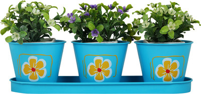 

Wonderland Round Herb Set of Three Planter , planters, pot , pots set with Tray in Blue and floral design for garden decor, home decoration, gift, table decoration, pen stand Plant Container Set(Pack of 3, Metal)
