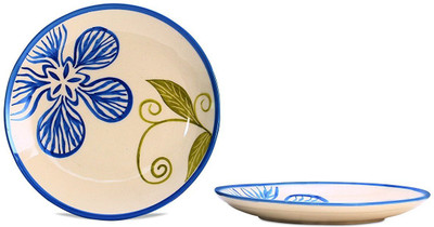 

caffeien Quarter Plate 7IN Ceramic/Stoneware in Cream and Blue Petals Flower (Set of 2) Handmade Dinner Plates(Pack of 2)