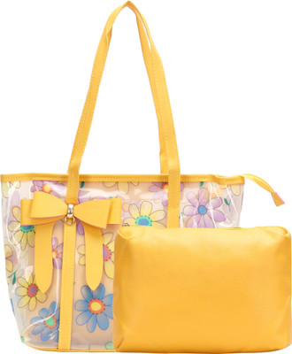 

FabSeasons Translucent Flower Floral Printed Large Shoulder Beach & Shopping Bag With Bow Waterproof Shoulder Bag(Yellow, 5 inch)