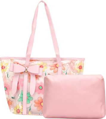 

FabSeasons Translucent Flower Floral Printed Large Shoulder Beach & Shopping Bag With Bow Waterproof Shoulder Bag(Pink, 5 inch)