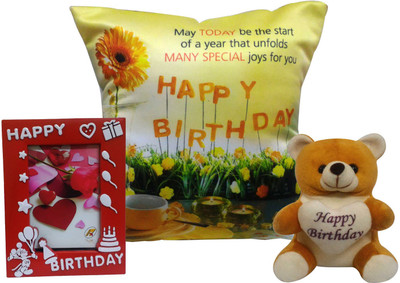 

Saugat Traders™ Birthday Gift Combo - Birthday (Cushion Filler + Cover), Photo Frame & Soft Teddy(Birthday Gift Combo)