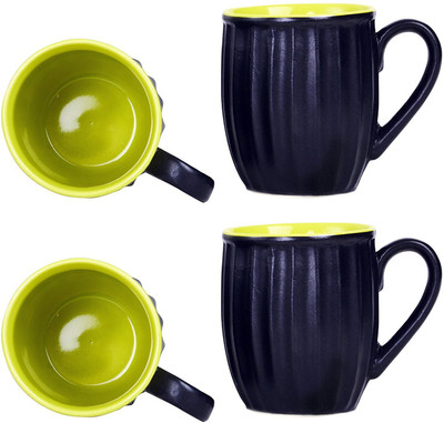 

caffeine Coffee Ceramic/Stoneware in Black & Green Striped (Set of 4) Handmade Ceramic Mug(30 ml, Pack of 4)