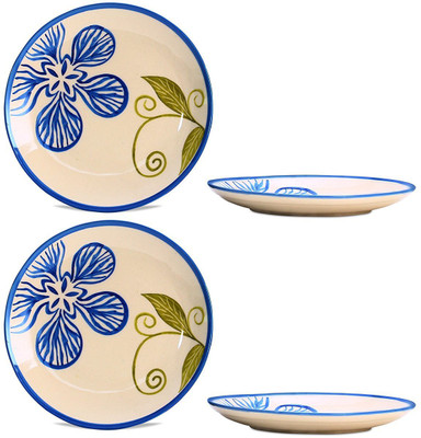 

caffeine Dinner Plate 10IN Ceramic/Stoneware in Cream and Blue Petals Flower (Set of 4) Handmade Dinner Plates(Pack of 4)
