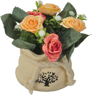 

24x7eMall Beige Rose Artificial Flower with Pot(5 inch, Pack of 1)