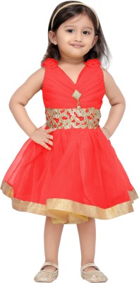 Aarika Girls Midi/Knee Length Party Dress(Red, Sleeveless)