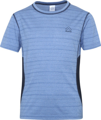 Aurro Sports Boys Striped Polycotton T Shirt(Blue, Pack of 1)