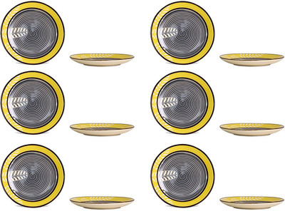 

caffeine Quarter Plate 7IN Ceramic/Stoneware in Yellow and Black Leaf (Set of 12) Handmade Dinner Plates(Pack of 12)