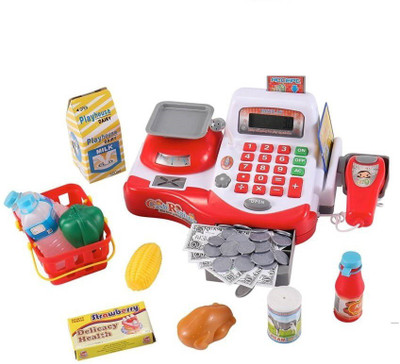 

Mayatra's Cash Register with Checkout Scanner Credit Card Reader Microphone Play Money and Food Playset