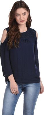 Aditii's Mantra Casual 3/4 Sleeve Solid Women Blue Top