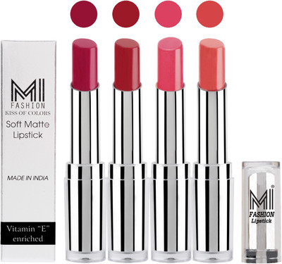 

MI Fashion Hot and Bold Soft Creamy Matte Lipstick Combo – Perfect Gift for Her in 4 Vivid Colours(Dark Magenta,Red,Peach,Peach)