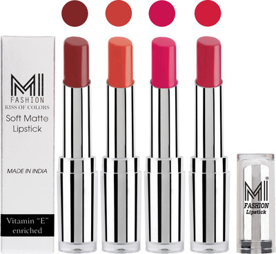 

MI Fashion Hot and Bold Soft Creamy Matte Lipstick Combo – Perfect Gift for Her in 4 Vivid Colours(Brown,Coral,Rosy Pink,Mauve, 14 g)