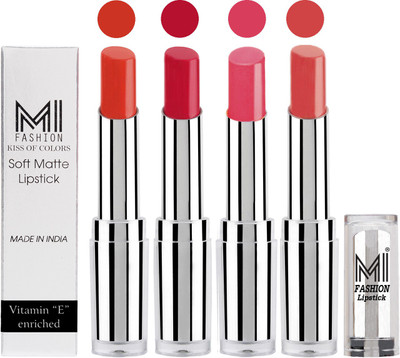 

MI Fashion Hot and Bold Soft Creamy Matte Lipstick Combo – Perfect Gift for Her in 4 Vivid Colours(Orange,Red,Peach,Pink, 14 g)