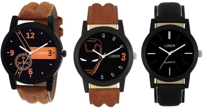 Om Designer Lorem Analogue Black Dial Men's & Boy's Watch Leather Strap Combo of 3 Watch  - For Men   Watches  (Om Designer)
