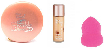 

Blue Heaven sparkle compact powder, oil free foundation with beauty blender(Set of 3)