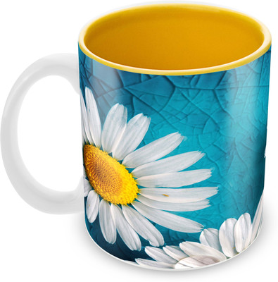 

Tuelip Printed Beautiful Daisy White Flower Inside Yellow for Tea And Coffee 350 ml Ceramic Mug(350 ml)