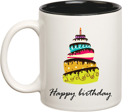 

Huppme Happy Birthday print Inner Balck Coffee Ceramic Mug(350 ml), Black;white