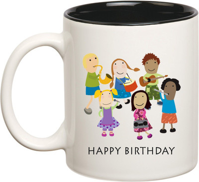 

Huppme Happy Birthday with Friends Inner Balck Coffee Ceramic Mug(350 ml), Black;white