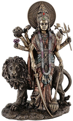 

Purpledip Maa Durga Hindu Goddess Tall Standing Statue with Lion Durga Mata for Home Temple Decorative Showpiece - 28 cm(Polyresin, Brown)
