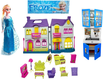 

HALO NATION Frozen Doll House With Luxurious Kitchen & Furniture Set Along with Beautiful Princess - Cool Elsa Palace(Blue)