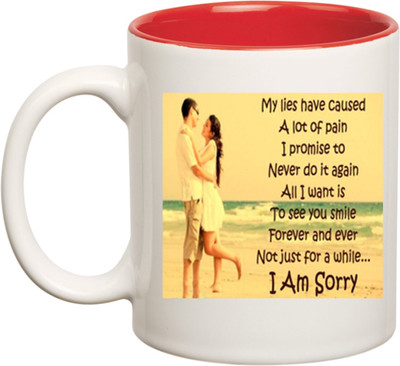 

Huppme I Am Sorry Inner Red Coffee Ceramic Mug(350 ml), Red;white