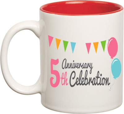 

Huppme 5th Anniversery Celebration Inner Red Coffee Ceramic Mug(350 ml), Red;white
