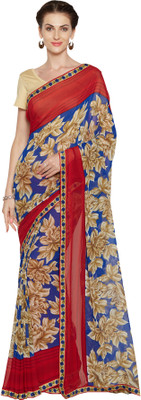 Oomph! Floral Print Fashion Poly Georgette Saree(Blue)
