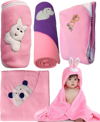 

My NewBorn Cartoon  Hooded Baby Blanket(Polyester, Baby Pink-White