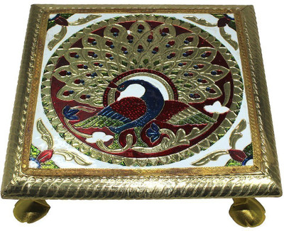 

Purpledip Small Wooden Stand Stool Chowki with Exquisite Meenakari Painting for Placing Statues, Idols, 6x6 inch Wooden All Purpose Chowki(Multicolor)