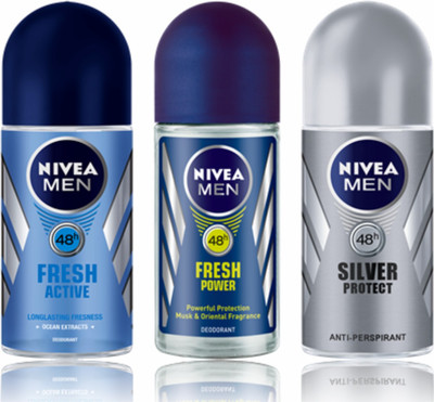 

Nivea Fresh Active,Fresh Power,Silver Protect Deodorant Roll-on - For Men(50 ml, Pack of 3)