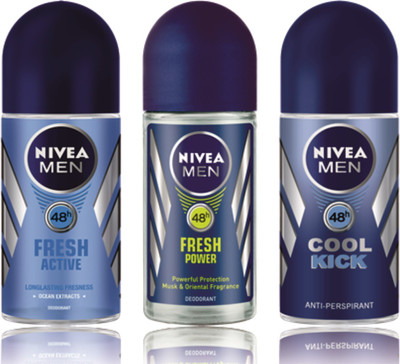 

Nivea Fresh Active,Fresh Power,Cool Kick Deodorant Roll-on - For Men(50 ml, Pack of 3)