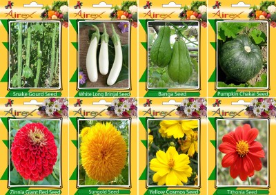 Airex Snake Gourd, White Long Brinjal, Banga, Pumpkin, Red Zinnia, Sungold, Yellow Cosmos, and Tithonia Seed(20 per packet)