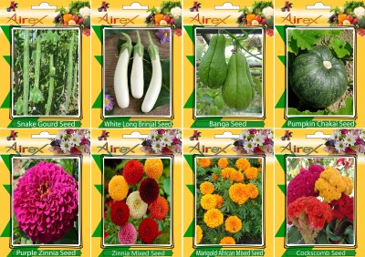 Airex Snake Gourd, White Long Brinjal, Banga, Pumpkin, Purple Zinnia, Zinnia Mixed, Marigold African Mixed, and Cockscomb Seed(15 per packet)