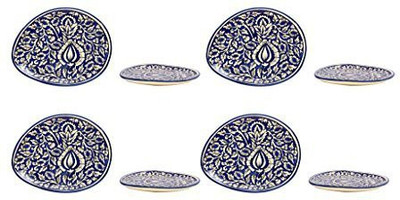 

caffeine Snack Oval Plate 11 Inch Stoneware in Blue Mughal Handmade Dinner Plates(Pack of 8)