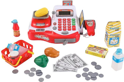 

VICTORY Cash Register with Checkout Scanner Credit Card Reader Microphone Play Money and Food Playset