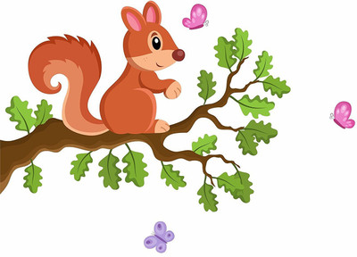 Asmi Collections 100 cm Cute Squirrel on A Branch with Butterflies Removable Sticker(Pack of 1)