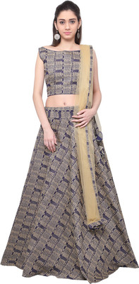 inddus Geometric Print Semi Stitched Lehenga Choli(Blue)