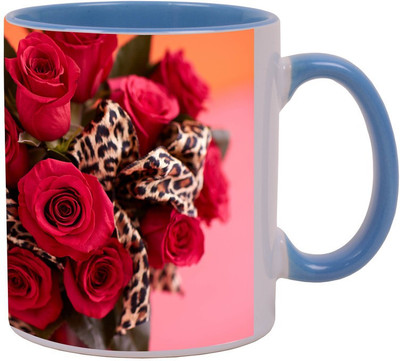 

Arkist red roses bouquet leopard print ribbon- Blue Ceramic Mug(340 ml), Multicolor