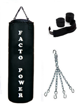 

FACTO POWER 3.0 Feet Long, CANVAS Material, BLACK Color, Unfilled with Chain & 9 Feet Long Black Color Hand Wraps Pair Hanging Bag(3, 36 kg)