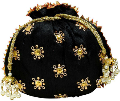 

Jewellerkaka Yellow Stone Embroidery Black Potli Potli(Black, Gold, White)