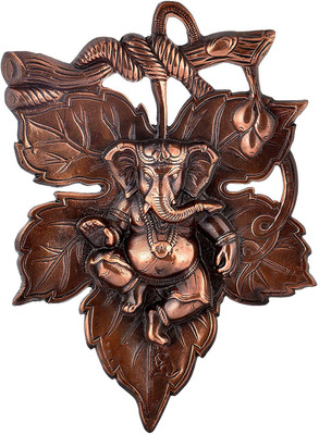 HOUZZPLUS Handicraft Ganesh ji wall hanging on Leaf Big Wall Hanging , Wall Decor , Home Decor , Room Decor Showpiece Decorative Showpiece - 27 cm(Aluminium, Brown)