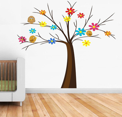 Asmi Collections 120 cm Beautiful Birds on a Colorful Flower Tree Removable Sticker(Pack of 1)