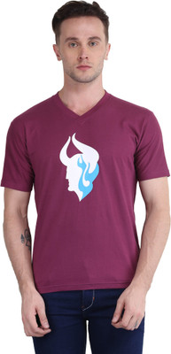 BRITISH TERMINAL Self Design Men V Neck Purple T-Shirt