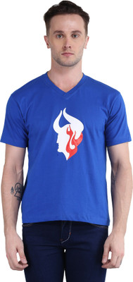 BRITISH TERMINAL Self Design Men V Neck Blue T-Shirt