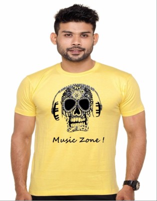 EJEBO Graphic Print Men Round Neck Yellow T-Shirt