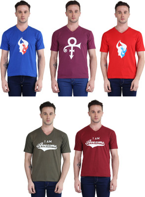 British Terminal Printed Men V-neck Multicolor T-Shirt(Pack of 5) Flipkart