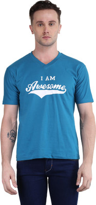 BRITISH TERMINAL Printed Men V Neck Blue T-Shirt