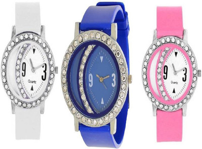 Miss Perfect Diamond Studded White_Blue_Pink Fancy Girl Watch Watch - For Women