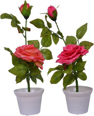 

uc Artificial Flower Pink Rose Artificial Flower with Pot(5.5 inch, Pack of 2)