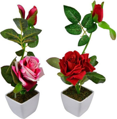 

uc Artificial Flower Multicolor Rose Artificial Flower with Pot(5.5 inch, Pack of 2)